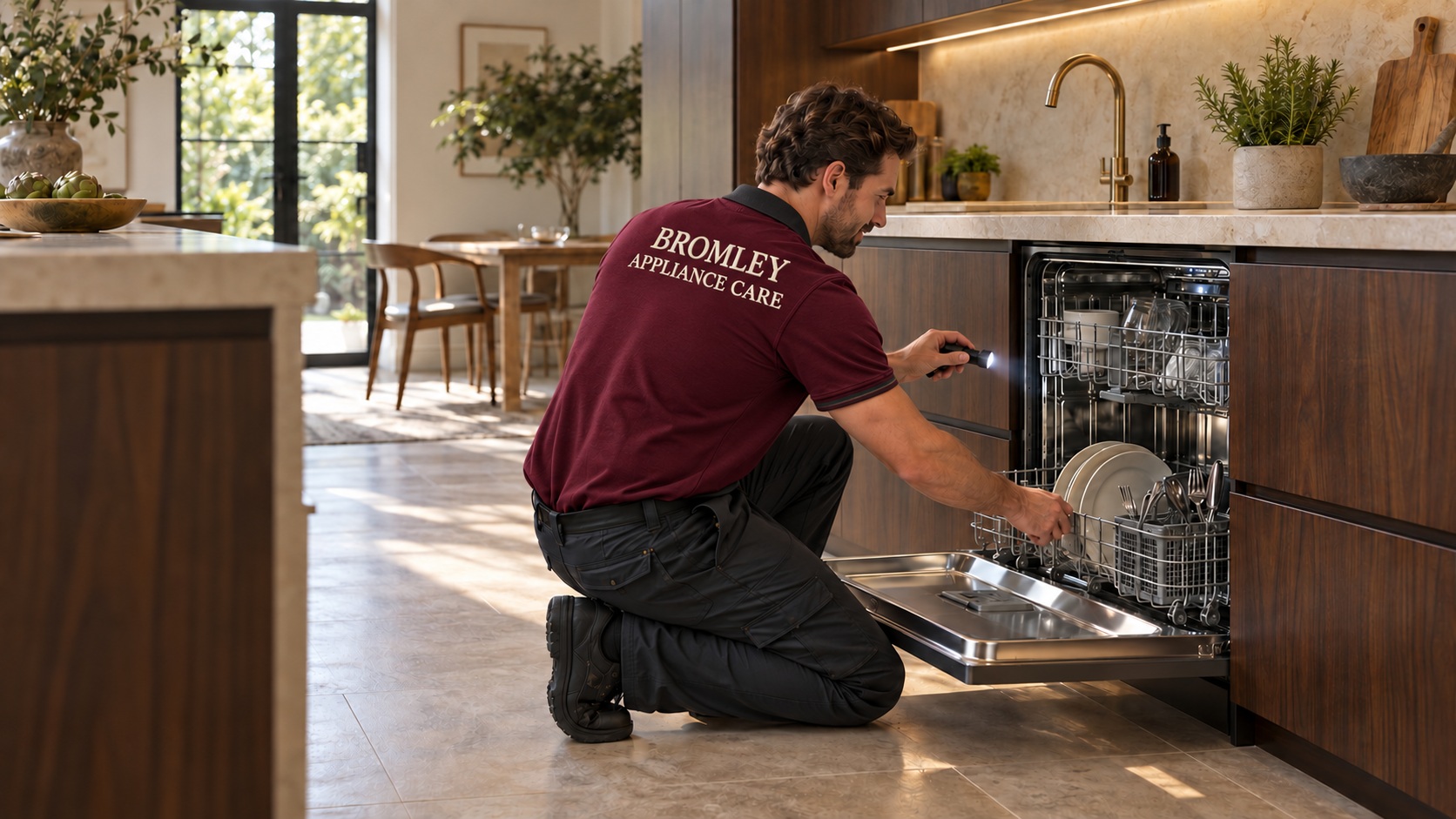 Original Bromley Appliance Care promotional illustration: appliances service engineer